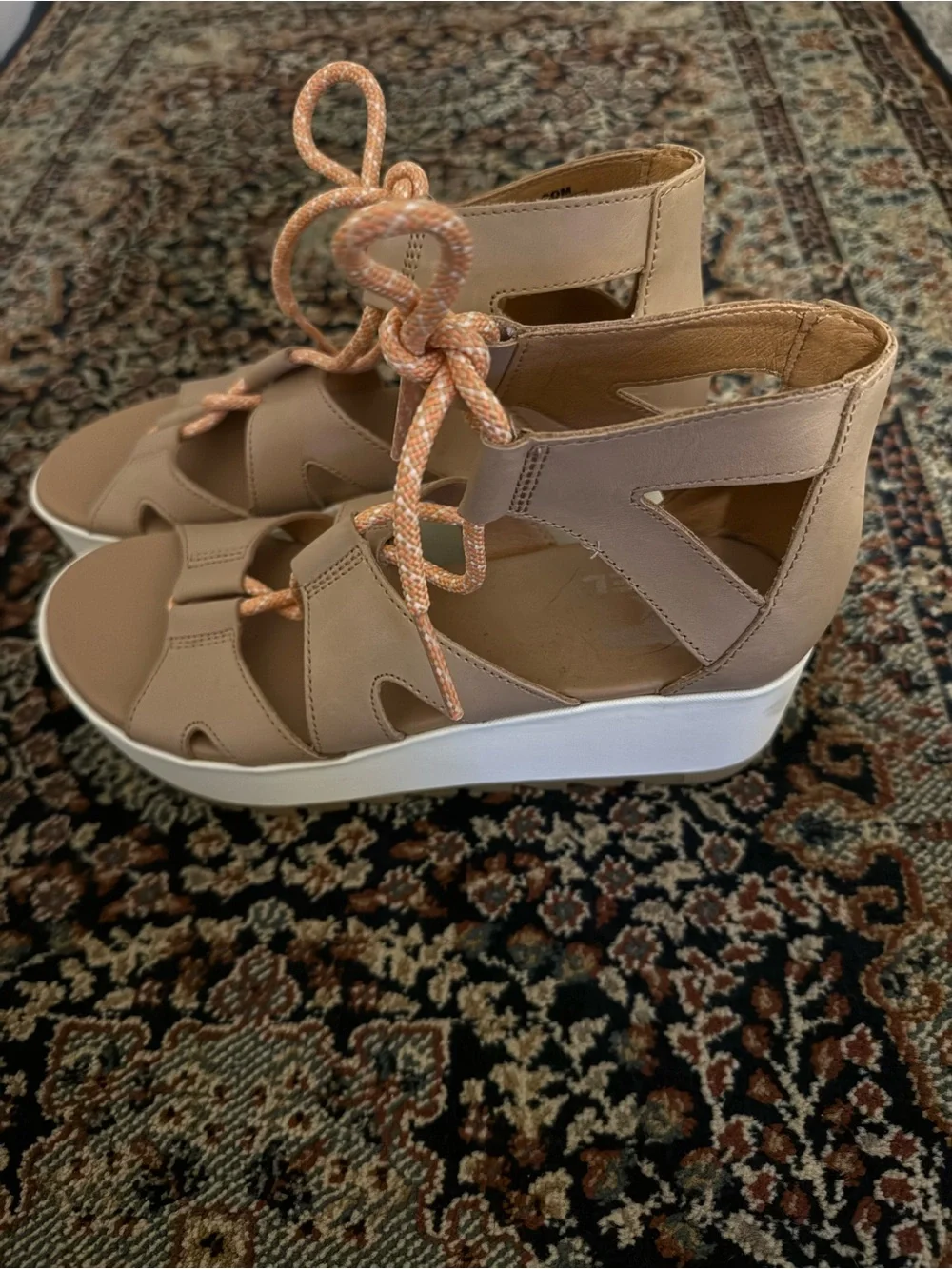 Sorel Beige Lace-Up Wedge Sandals with White Platform